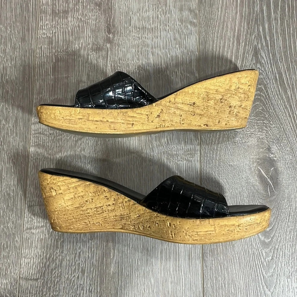 Marzia Vellutini Italian Wedge Slip On Sandals Black Patent Croc Faux Cork 6.5 - Picture 8 of 16